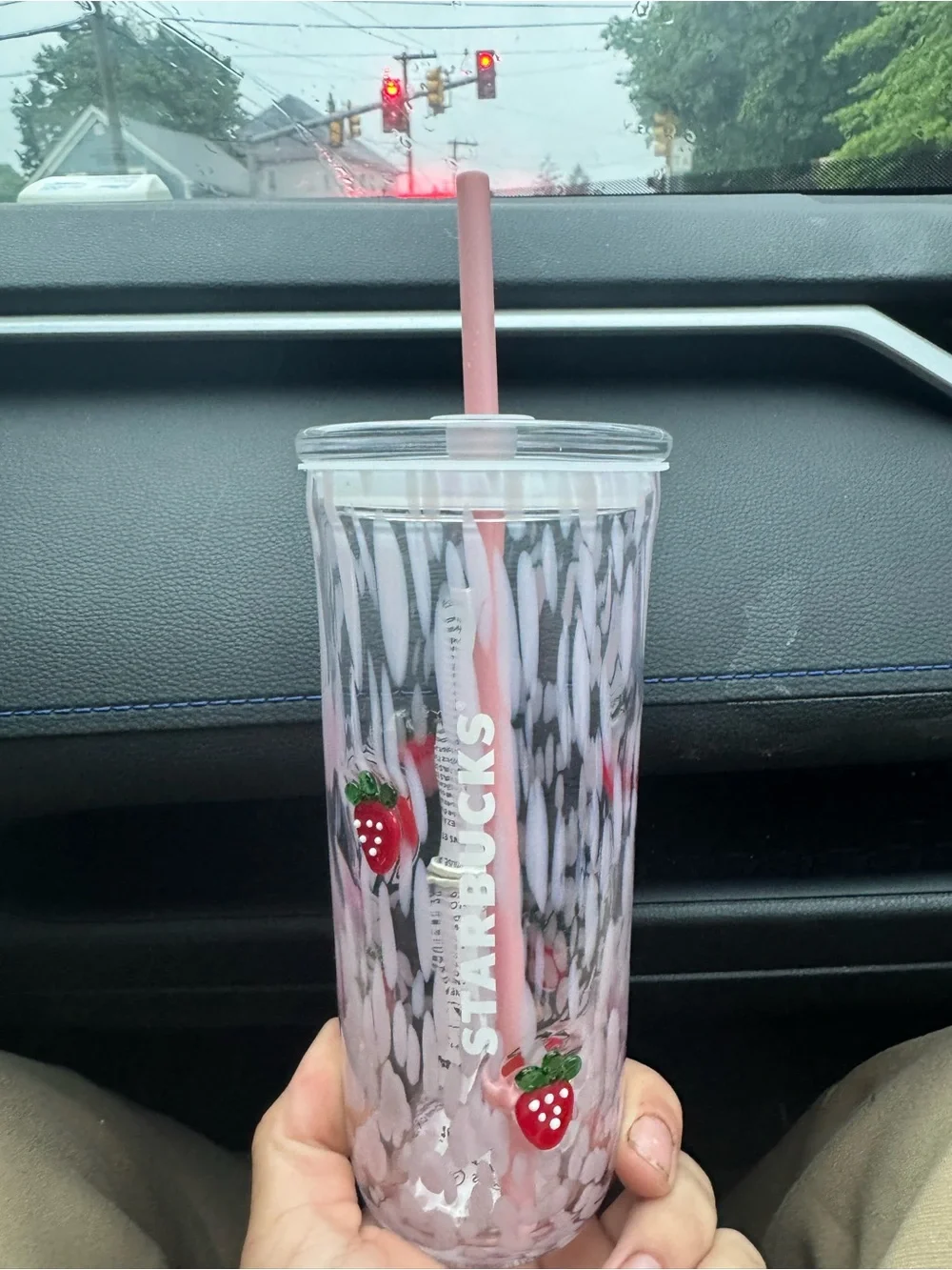 Starbucks Pink & White Strawberry Pattern Glass Tumbler Limited Edition